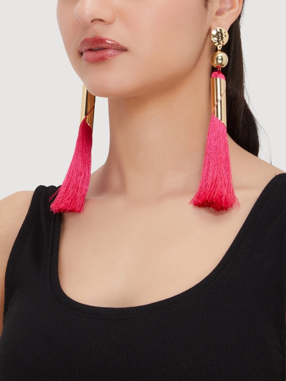 NEW! PINK Tassel Goldtone Metallic Tube Drop Earrings